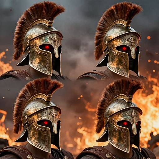 Photograph of four ancient Roman soldiers in silver helmets with red plumes and red eyes, standing against a fiery, smoky background.