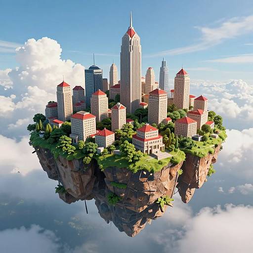 Futuristic floating city with red-roofed buildings, tall skyscrapers, and lush greenery on a rocky island above clouds. Digital art
