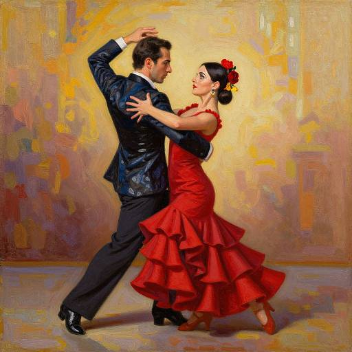 Photorealistic painting of a passionate flamenco dance couple; man in black suit, woman in red ruffled dress, yellow abstract background.