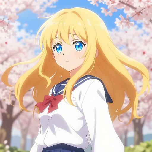 Blond Anime Girl in Cherry Blossoms