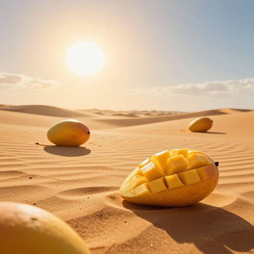Photograph of sliced mango resting on golden sandy beach under bright sun, with three whole mangoes in the background.