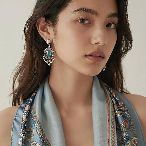 Close-up of young woman with bohemian jewelry and silk scarf