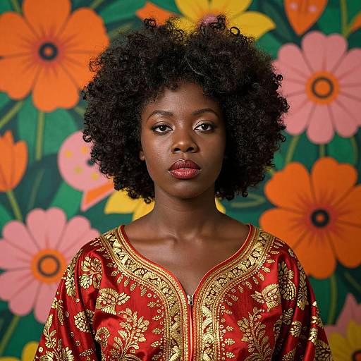 Photograph of a young Black woman with natural afro, wearing a red and gold embroidered blouse, against a colorful floral background.