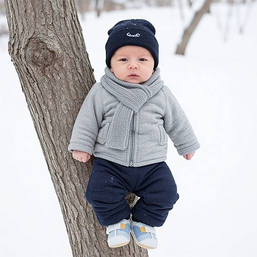 Photograph of a cute baby with light skin, wearing a black beanie, gray sweater, black pants, and blue shoes, hanging from a tree
