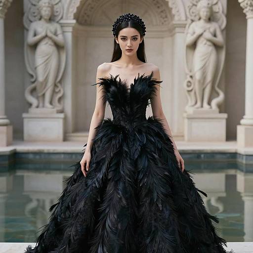 Photograph of a pale-skinned woman with dark hair, wearing a black feathered, off-shoulder gown, standing in a classical architectural setting