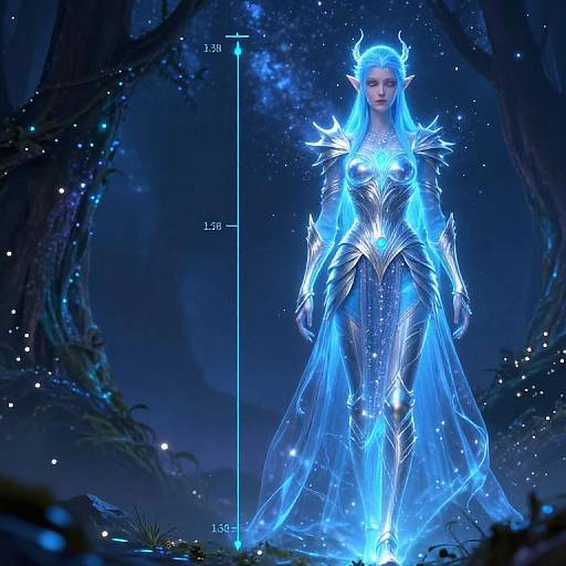 Digital fantasy artwork of a tall, blue glowing, ethereal queen with long, flowing hair, wearing a luminous, armored gown, standing in a