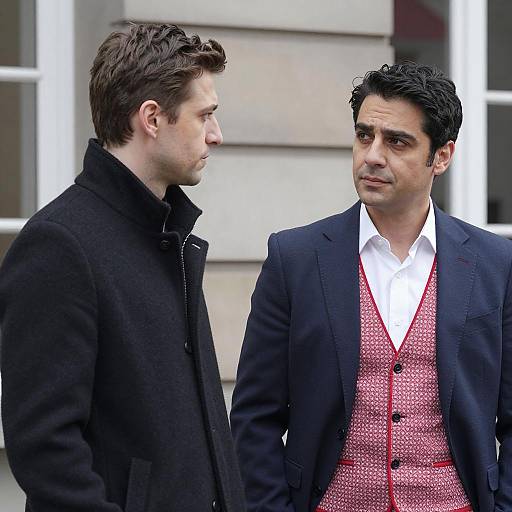 Two men in conversation outdoors