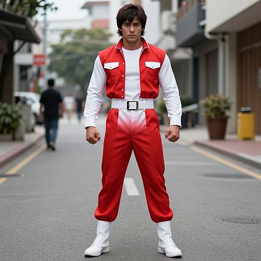Photograph of a young man with dark hair in a red and white outfit, standing confidently on a city street.