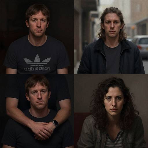 Photograph collage of four serious-looking men with curly or messy brown hair, wearing black Adidas t-shirts and jackets, in dimly lit indoor and urban