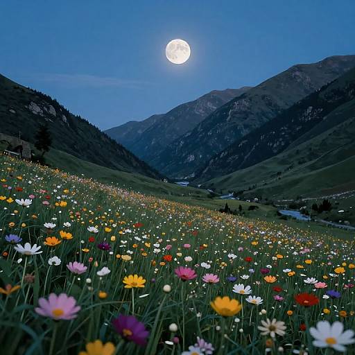 Photograph of a moonlit mountain valley with a full moon, colorful wildflowers, green hills, and a dark forested mountain backdrop.