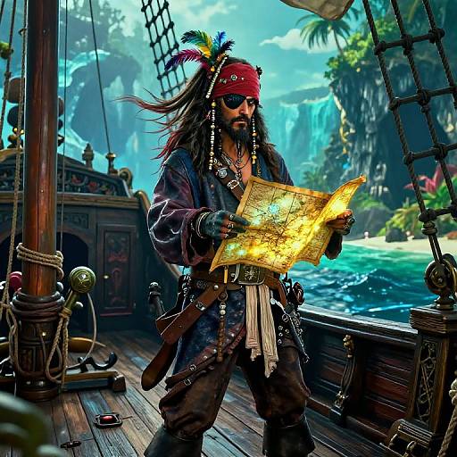 Digital artwork of a pirate with dreadlocks, red bandana, and dark sunglasses, holding a glowing treasure map on a ship deck.