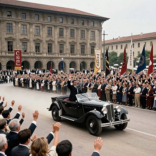 Photograph of a 1930s parade with a black vintage car driven by a man in a suit, cheered by a large crowd in front of