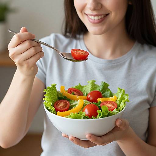 Photograph of a smiling woman with long brown hair, wearing a gray t-shirt, holding a white bowl of colorful salad with cherry tomatoes, yellow bell