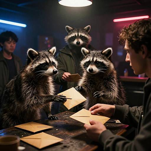 Photograph: Three raccoons with black-and-white fur stand on a table, holding paper squares, while a person and a raccoon-costumed