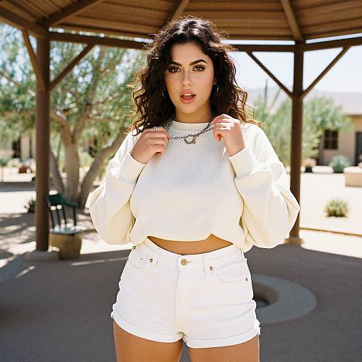 Photograph of a curvy woman with dark curly hair, wearing a white crop top and high-waisted shorts, standing under a wooden pergola