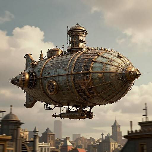 Steampunk airship with intricate brass details and domed turret, flying over a historic cityscape with blurred buildings in the background. (Photoreal