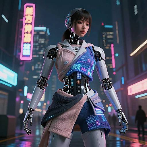 CGI cyberpunk scene: Female android with black hair, neon-lit city background, wearing futuristic armor, blue and pink glowing lights, neon signs