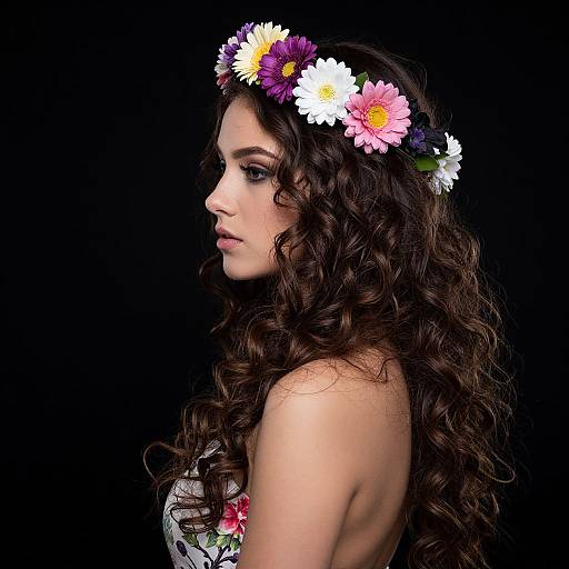 Photograph of a young woman with long, curly brown hair, wearing a colorful flower crown, and a strapless floral dress, set against a black