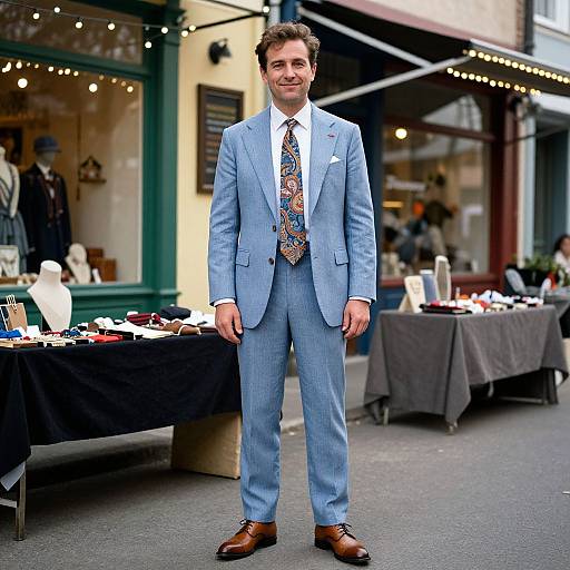 Photograph of a smiling man in a light blue suit, patterned tie, and brown shoes, standing in front of outdoor market tables with string lights
