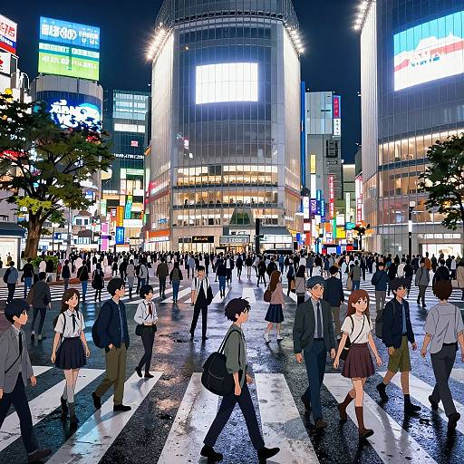 Digital anime-style artwork of a bustling, neon-lit Japanese city intersection at night, filled with schoolchildren crossing the street. Bright billboards illuminate the