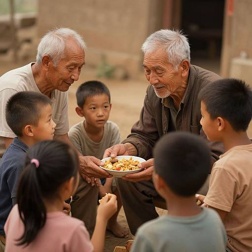 Photograph of two elderly Asian men with white hair sharing food with five children in a rustic, outdoor setting. The children are focused on the plate of