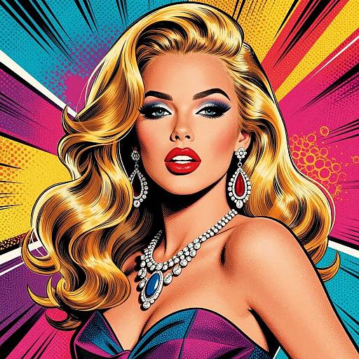 Pop art-style digital drawing of a blonde woman with wavy hair, red lipstick, blue eyes, diamond earrings, necklace, strapless purple dress,