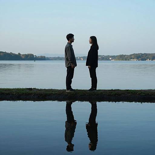 Silhouetted couple stands on grassy lakeshore, facing each other, reflected in calm water under clear blue sky. Photographic image.