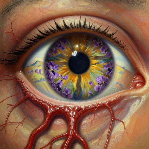 Close-up digital art of a vibrant, multi-colored eye with purple flowers, yellow sunburst, and red veins, set against a realistic human skin texture