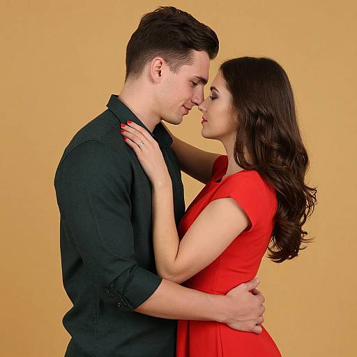 Photograph of a young couple in a romantic embrace against a yellow background. The man wears a black shirt, the woman a red dress, both g
