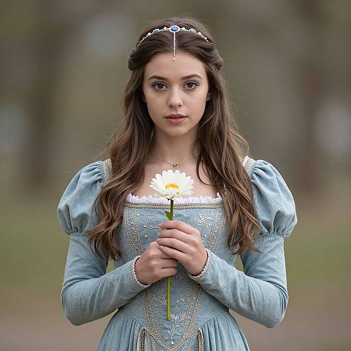 Photograph of a young woman with long brown hair, wearing a blue medieval-style dress and a floral headband, holding a daisy, set against