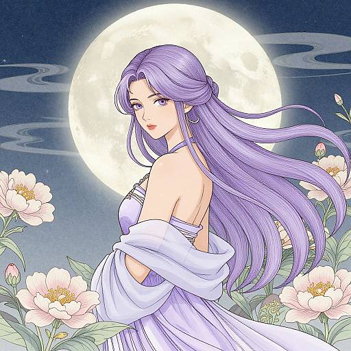 Digital anime-style drawing of a purple-haired woman with long flowing hair, wearing a white off-shoulder dress, standing in a field of white flowers
