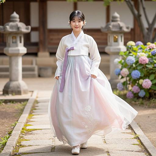 Serene Korean Hanbok Woman in Garden