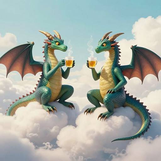 Digital art of two green dragons with red wings, sitting on clouds, sipping beer, against a bright blue sky with fluffy clouds.