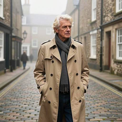 Photograph of an older man with white hair, wearing a tan coat, black scarf, and dark pants, standing on a foggy, cobble