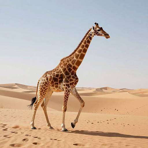Photograph of a giraffe walking through a sunlit, sandy desert with dune patterns under a clear blue sky.