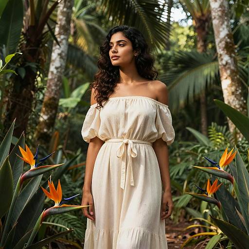 Photograph of a curly-haired woman with medium brown skin wearing an off-shoulder, white, flowy dress in a lush, tropical forest with