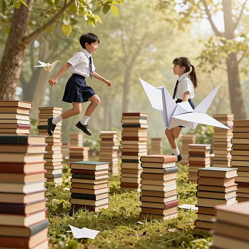 Photograph of two Asian children, boy and girl, in school uniforms, jumping on stacks of books in a sunny forest clearing.