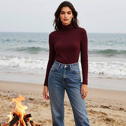 Woman in Burgundy Turtleneck and Jeans at Beach Bonfire