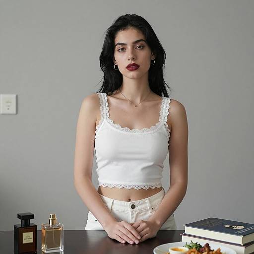 Chic Woman at Table with Accessories