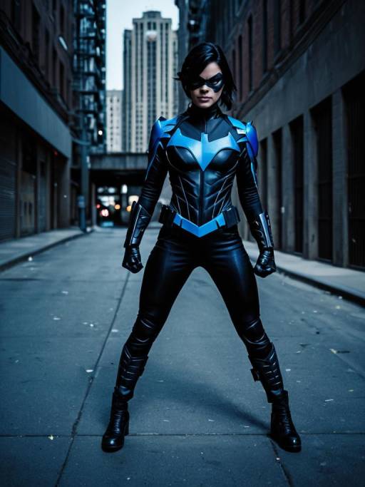 Woman in Nightwing Superhero Costume Urban Setting