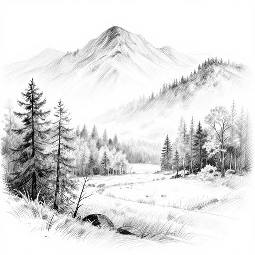 Black-and-white digital sketch of a snowy mountain landscape with tall pine trees, sparse foliage, and jagged mountain peaks in the background.