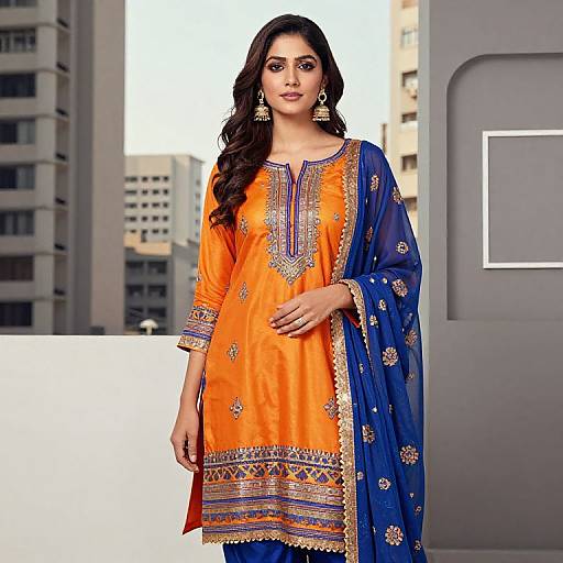 Photograph of a pregnant Indian woman with long black hair, wearing an orange and blue embroidered kameez and dupatta, standing in front of a