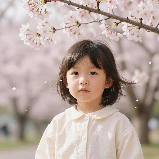 Photograph of an Asian child with short black hair, wearing a white button-up shirt, standing under blooming cherry blossoms in sunlight.