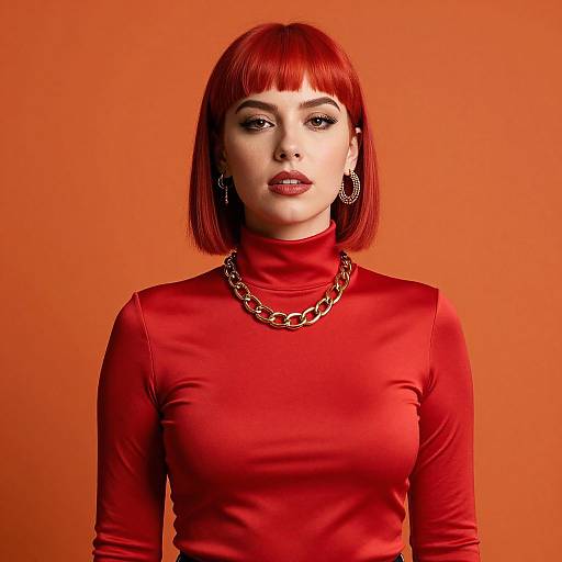 Photograph of a fair-skinned woman with red bob haircut, red turtleneck, silver chain necklace, and hoop earrings, against orange background.