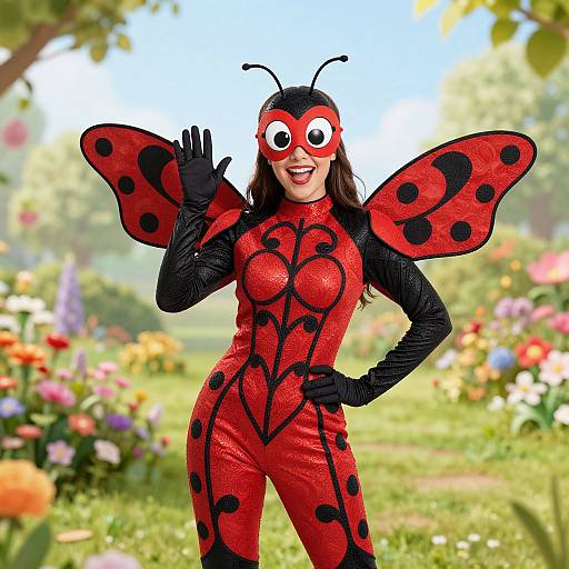 Photograph of a smiling woman in a red and black ladybug costume with butterfly wings, waving in a colorful garden.