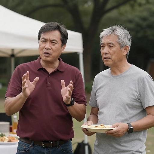 Outdoor Gathering of Two Middle-Aged Men