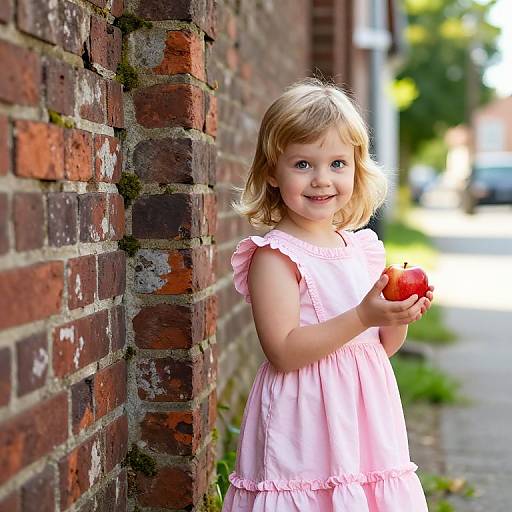 Innocent Girl with Apple by Brick Wall