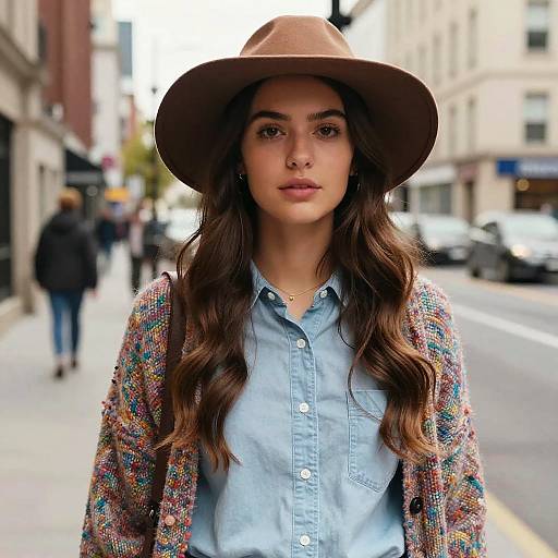 Photograph of a young woman with long wavy brown hair, wearing a brown hat, blue denim shirt, and colorful patterned cardigan, standing