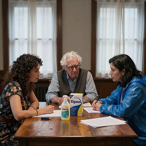 Three People Discussing with Elgasol Product on Table
