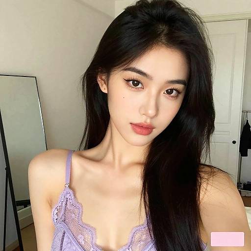 Photograph of an Asian woman with long black hair, fair skin, wearing a lilac lace camisole, in a bright, minimalist room.